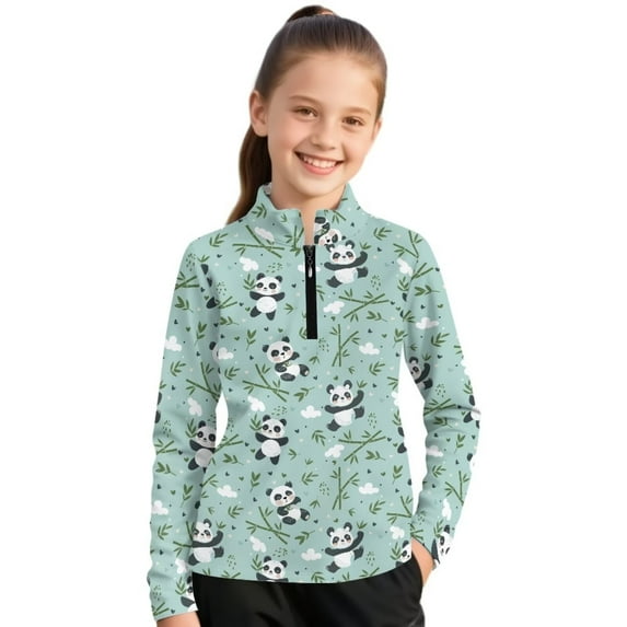 Psesaysky Toddler Girls Sweatshirts Cute Panda Green Print Stand-up Collar Quarter Zip Pullover Long Sleeve Shirts Tops Girl Fall Winter Clothes 12-13 Years