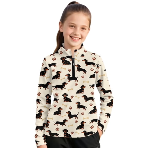 Psesaysky Toddler Girls Sweatshirts Dachshund Dogs Print Stand-up Collar Quarter Zip Pullover Long Sleeve Shirts Tops Girl Fall Winter Clothes 12-13 Years