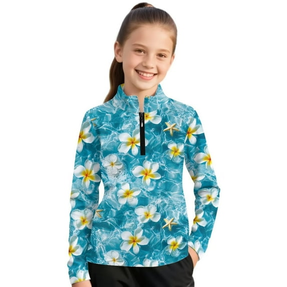 Psesaysky Toddler Girls Sweatshirts Plumeria Floral Print Stand-up Collar Quarter Zip Pullover Long Sleeve Shirts Tops Girl Fall Winter Clothes 8-9 Years