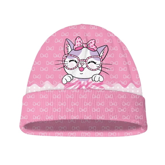 Psesaysky Toddler Winter Hat Pink Bow Cat Print Beanie Warm Kids Beanies Boys Hats Knit Winter Caps Soft Stretchy