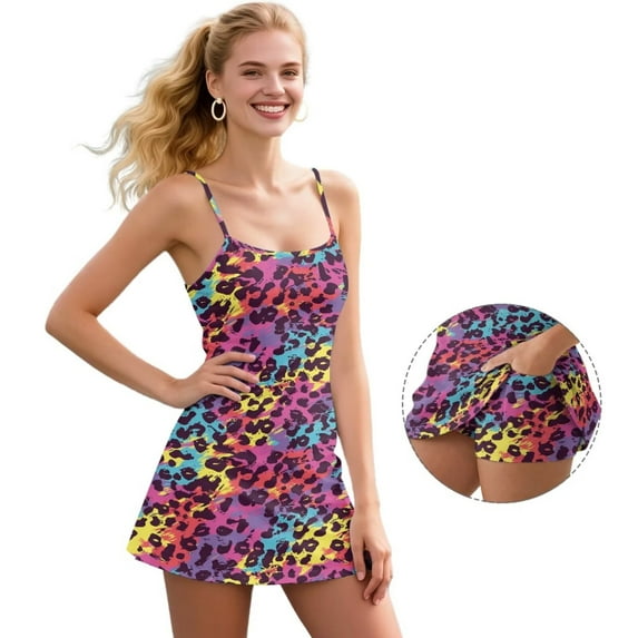 Psesaysky Trendy Workout Tennis Dress with Built in Shorts Square Neck Sleeveless No Bra Summer Athletic Dress Colorful Leopard Print, Size M
