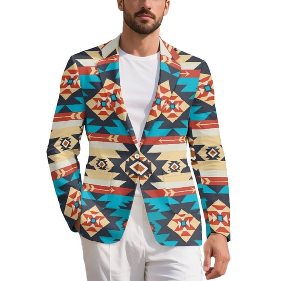 Psesaysky Tribal African Aztec Stripe Men's Long Sleeve Blazer Open Front Western Suit Jacket Work Office Notch Lapel Collar Blazer with Pockets
