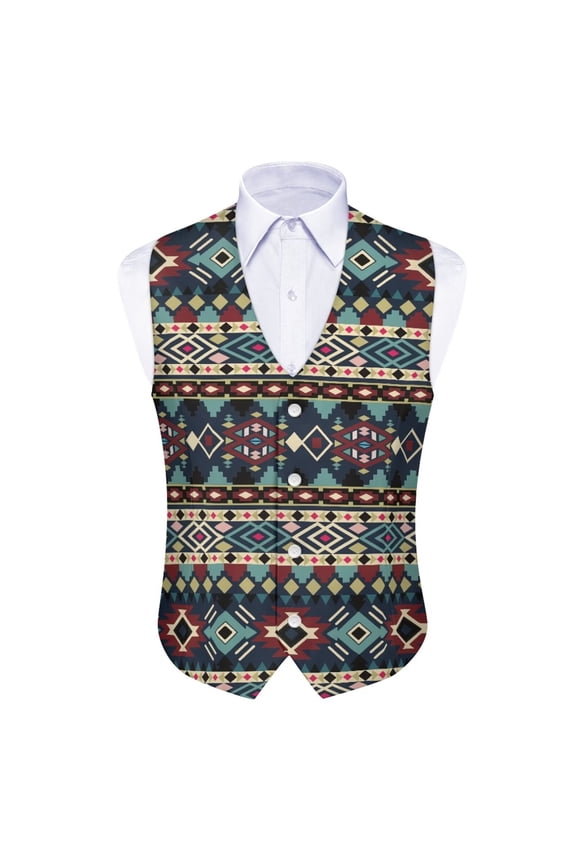 Tribal American Aztec Geometric Men's Suit Vest Business Formal Dress Vests Jacket Slim Fit Button Down Lightweight Waistcoat Vest Tuxedo Outwear