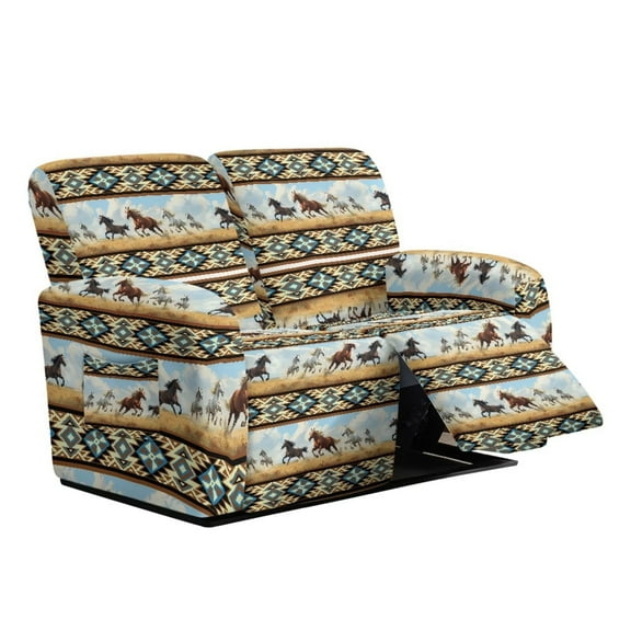 Psesaysky Tribal Running Horse Print Reclining Loveseat Cover Stretchy Recliner Sofa Cover with Storage Pockets Easy Clean Soft