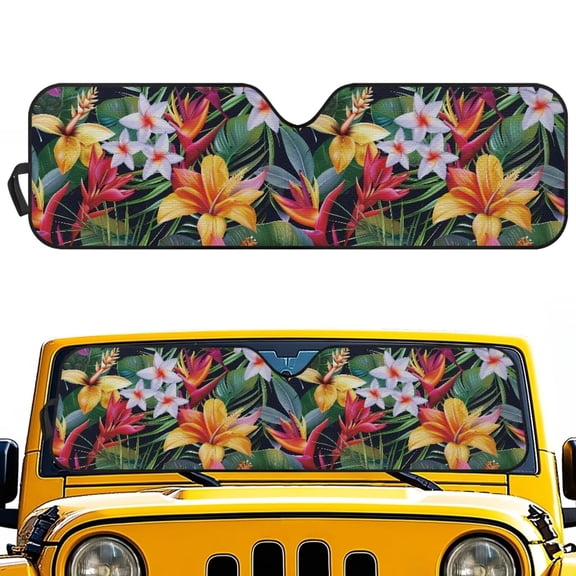 Psesaysky Tropical Bird of Paradise Print Car Windshield Sun Shade Block UV Rays Universal Sun Visor Protector for Car,ORV Accordion Folding Sunshade Keep Vehicle Cool