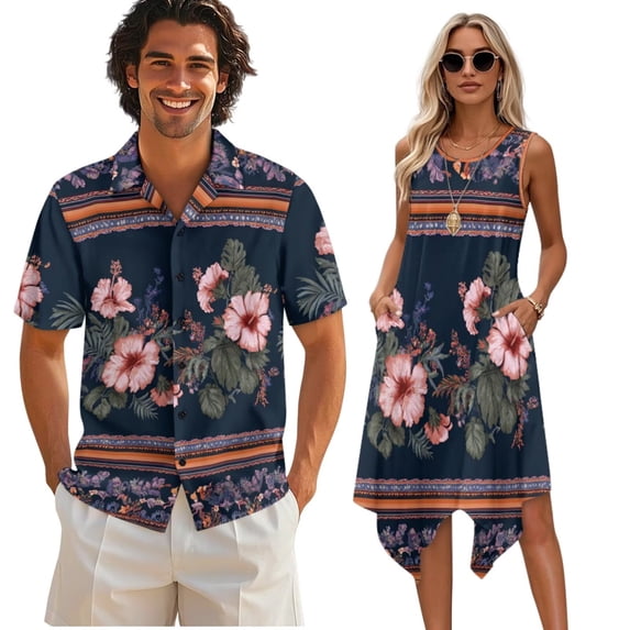 Psesaysky Tropical Hibiscus Monstera Sleeveless Sun Dress and Aloha Shirts for Women Men Native Matching Couples Outfit Y2K Tank Dress with Pockets Plue Size Mens Shirt Aloha T-Shirts