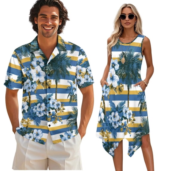 Psesaysky Tropical Hibiscus Palm Midi Dress for Women Summer Aloha Shirts for Men Husband and Wife Matching Clothes Couple Party Outfits Sets Stripe Tunic Dress Mens T Shirt for Beach-M