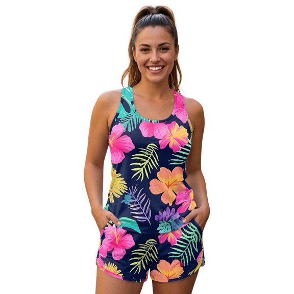 Psesaysky Tropical Palm Leaves Hibiscus Women's Plus Size Tankini Swimsuits Sleeveless Tummy Control Bathing Suit Tops Breathable Beach Drawstring Shorts