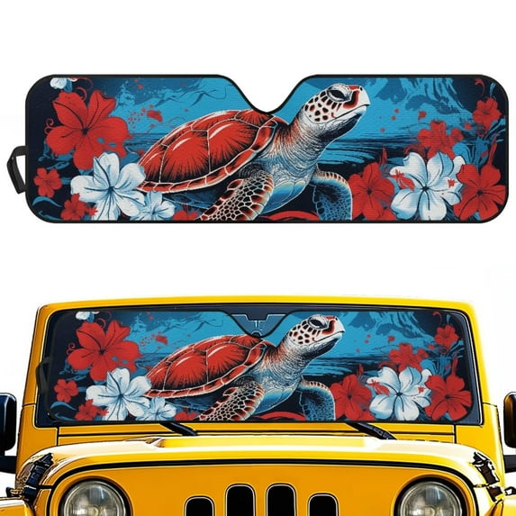 Psesaysky Tropical Sea Turtle Flower Car Windshield Sun Shade for Car Front Window Block UV Rays Foldable Sun Visor Protector Sunshade to Keep Your Vehicle Cool 52.95”x 16.14”