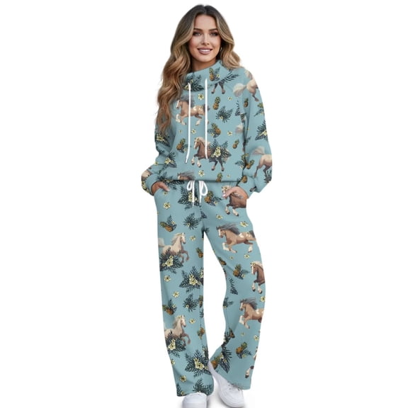 Psesaysky Two Piece Outfits for Women Horse Pineapple Print Lounge Sets Drawstring Sweatshirt Sweatpants Sweatsuits Set Track Suits with Pockets, Size S