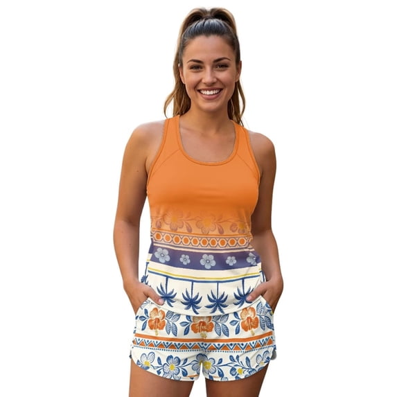 Psesaysky Two Piece Women's Tankini Swimsuits Orange Hawaii Palm Flower Blouson Swim Tank Top with Shorts Modest Bathing Suits Two Side Pockets