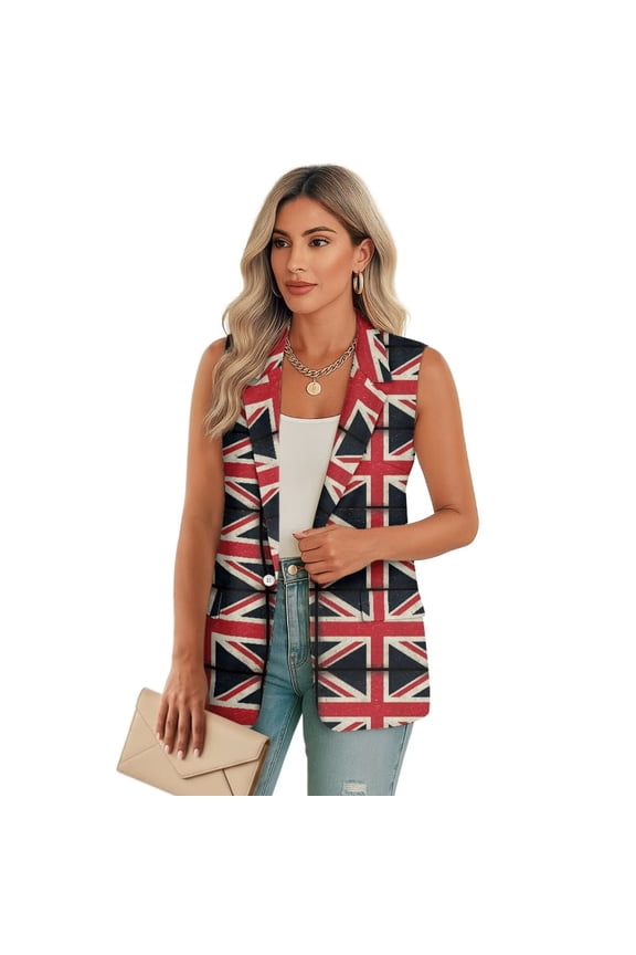 UK Flag Print Womens Summer Suit Vest Tops Fashion Casual Sleeveless Blazers Single Button Down Lightweight Work Waistcoat, Size 3XL