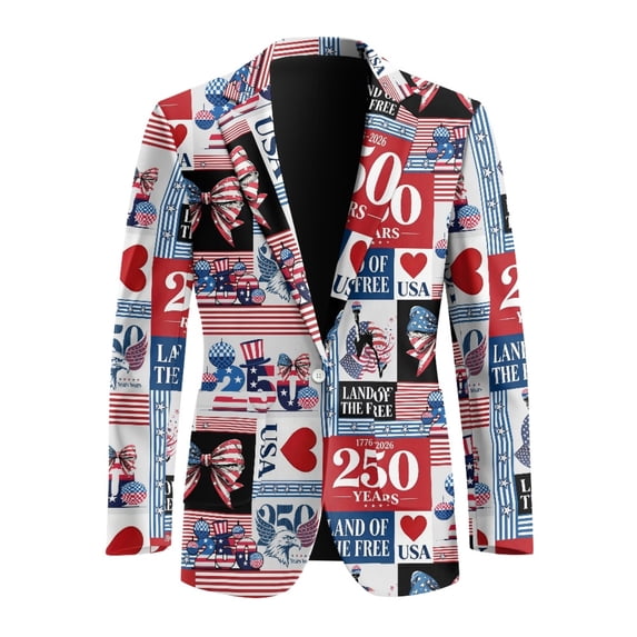 Psesaysky US Flag 250 Years Blazer, One Button Men's Suit Regular Fit Polyester Casual Suits for Men for Business