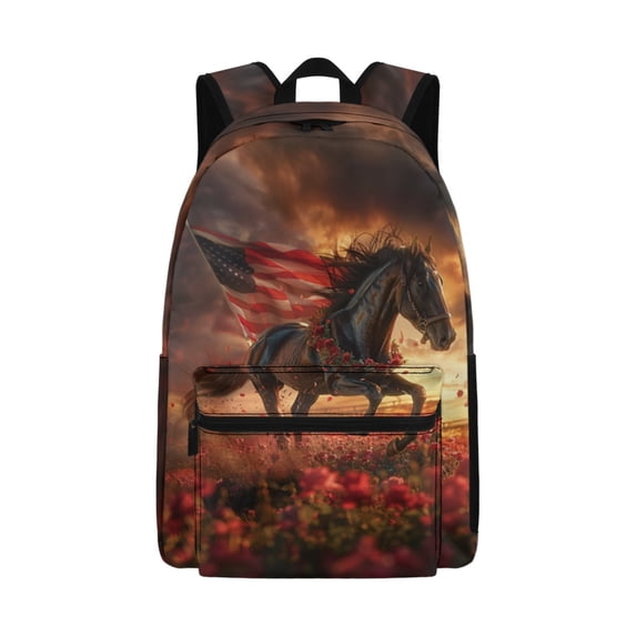 Psesaysky US Flag Horse School Bag Kids Backpack Bookbags for Girls Boys Children Daypack Lunch Box Pencil Case Water Bottle Sleeve,4PCS