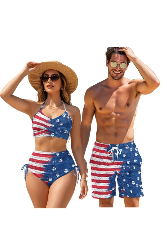 USA Flag Paws High Waist Bikini Sets for Women Summer Beach Two Piece Swimsuit or Mens Swim Trunks Drawstring ,Couples Hawaiian Aloha Luau Swimwear