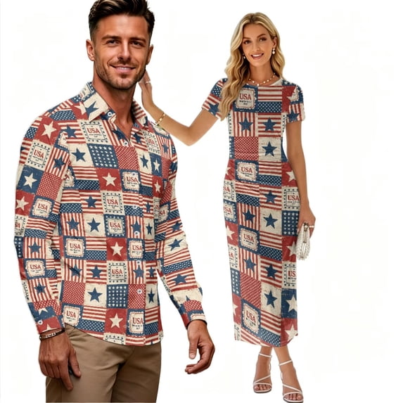 Psesaysky USA Flag Star Patchwork Couple Clothing Set Husband Wife Matched Clothes for Mens Shirts Sexy Bodycon Dress for Women Couple Patriotic Outfit for Independence Day