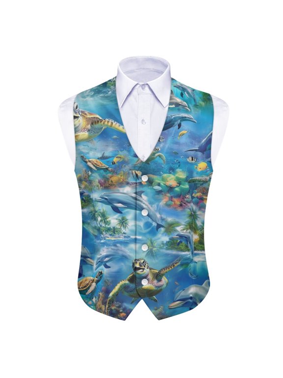 Underwater Sea Turtle Dolphin Formal Waistcoat Slim Fit Men's Suit Vest Button Down Tuxedo Vest Soft Wedding Business Waistcoat Jacket