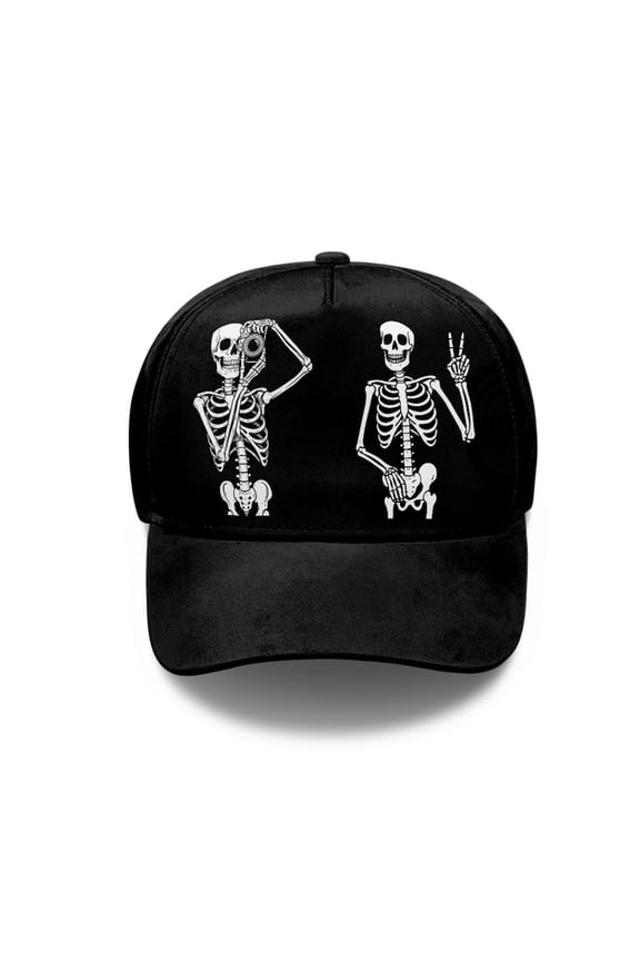 Unisex Curved Bill Retro Cap with Cartoon Skeleton Print, Classic Snapback Style Baseball Hat for Men & Women