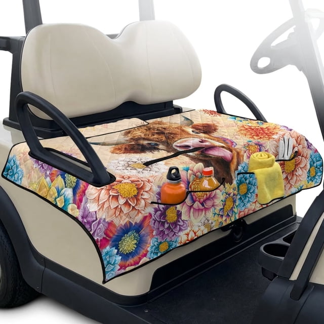 Psesaysky Universal Golf Cart Seat Covers, Seat Blanket with 4 Pockets and Non-Slip Backing for EZGO TXT/RXV & Club Car DS/Precedent, Breathable, All-Season Comfort (Cute Highland Cow Flower)