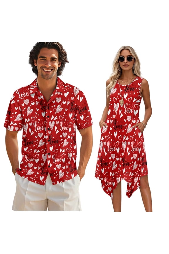 Valentine's Day Couple Shirts or Dress Mens and Women Wedding Party Matching Couple Outfits Red Love Print Button Down Short Sleeve Shirts or Sleeveless A Line Flowy Sundress