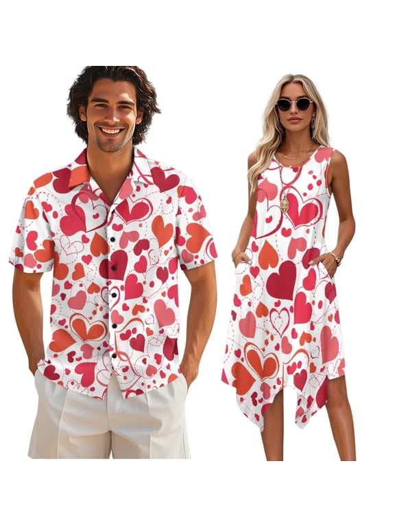 Valentine's Day Matching Outfit Couples Vacation Set Red Heart Print Mens Shirts Womens Sleeveless Tank Dress Party Club Causal A Line Summer Beach Sundress Plus Size