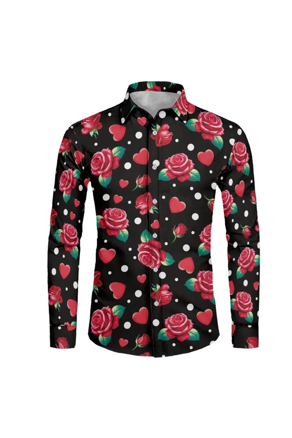 Valentine's Day Shirt Button Up Shirt Casual Button Down Dress Shirts Fashion Blouse Long Sleeve T-Shirt Athletic Tee Tops for Wedding Date Rose Heart Dot