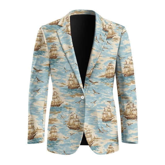 Psesaysky Vintage Sailing Ship Print Men's Sport Coat, One Button Casual Blazer Slim Fit Polyester Men's Blazer for Business