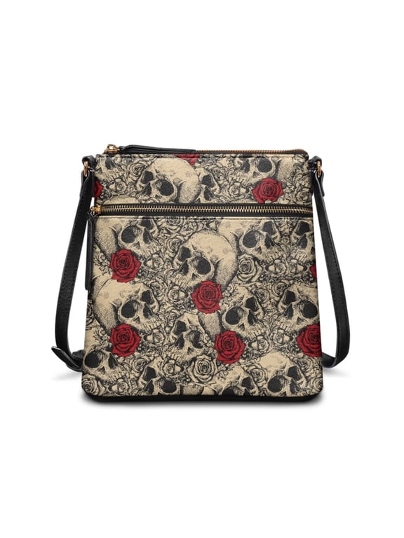 Vintage Skull Rose Goth Crossbody Purse Hobo Bag for Women Teen Girls Lightweight Leather Handbags Fashion Tote Bag with Zipper Pockets Cell Phone Purse