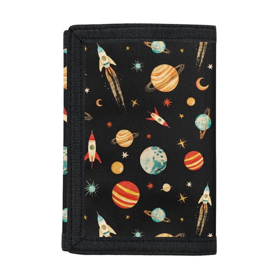 Psesaysky Vintage Space Print Waterproof Trifold Card Wallet, Elastic Polyester Toddlers Purse Easy to Access Coin Storage Pouch for Daily Use Outdoor Travel
