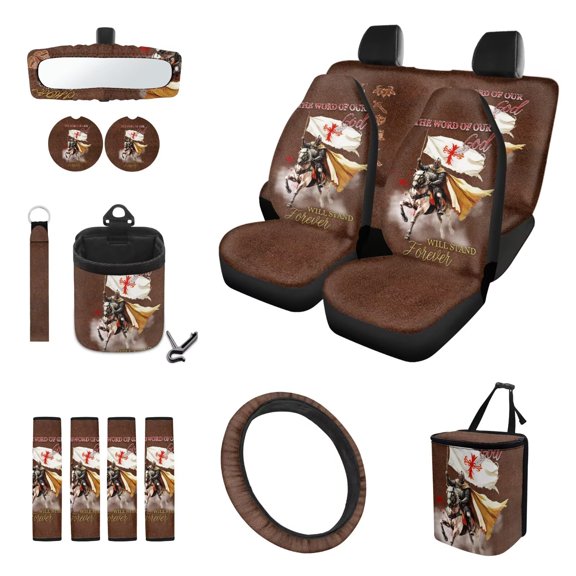 Psesaysky Warrior Design Practical 15pc Car Kit Front Rear Seat Covers,Belt PadsSteering Wheel Protector,Trash Can,Keychain,Coasters,View Mirror Cover Easy Install