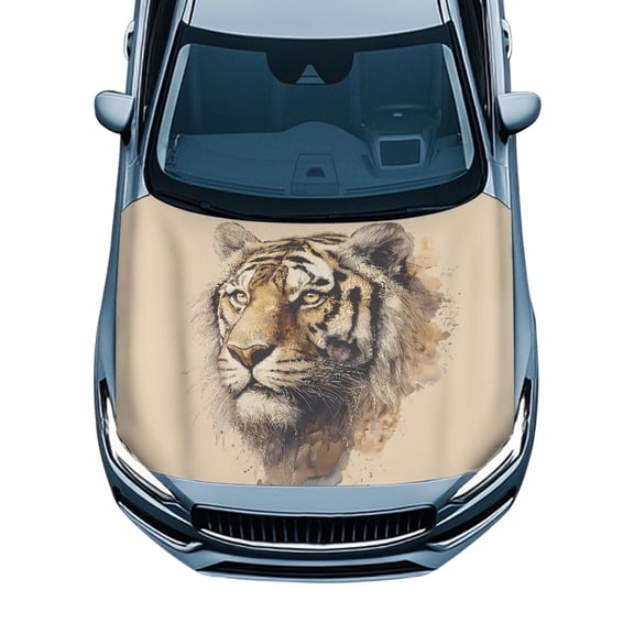 Psesaysky Watercolor Tiger Head Car Hood Cover - Weatherproof Stretch Fabric Protector with Elastic Fit - Universal for Trucks, SUVs & Sedans