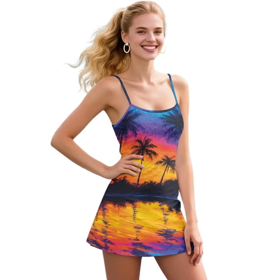 Psesaysky Watercolor Tropical Sunset Print Tennis Dress for Women Square Neck Sleeveless Cross Back Active Dress Built in Shorts and Pockets Golf Outfits, Size XS