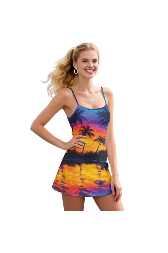 Watercolor Tropical Sunset Print Tennis Dress for Women Square Neck Sleeveless Cross Back Active Dress Built in Shorts and Pockets Golf Outfits, Size XS