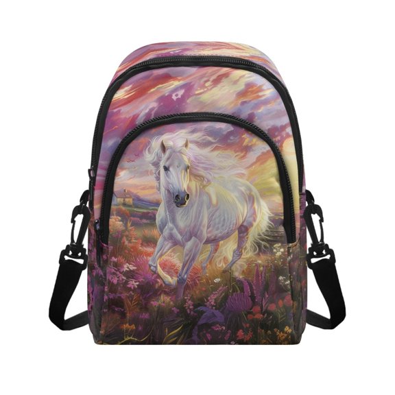 Psesaysky Watercolor White Horse Pattern Cell Phone Purse, Zipper Closure Polyester Small Crossbody Bag for Travel Fall, Adjustable Strap Sling Bag