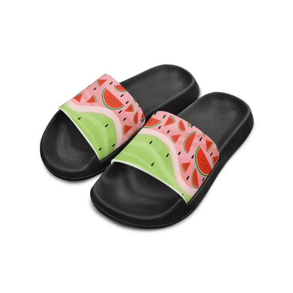 Psesaysky Watermelon Printed Slide Sandals for Kid Girls Anti-Slip Lightweight Soft Soled Sandals for Beach Shower Swimming Pool Black Big Kid Size 3