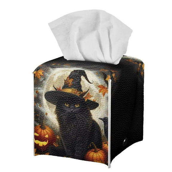 Psesaysky Waterproof Tissue Box Cover, PU Leather Square Car Tissue Holder with Halloween Black Cat Pumpkin - Decorative Organizer for Bathroom Vanity Countertop, Night Stands, Office Desk & Car
