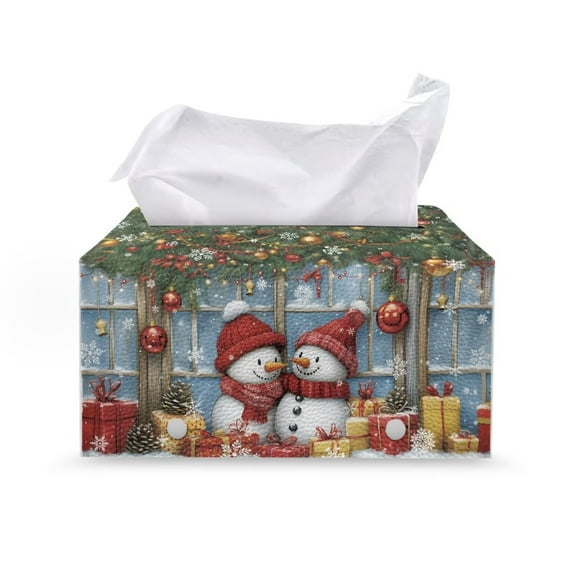 Psesaysky Waterproof Tissue Box Cover, Rectangle PU Leather Car Tissue Holder, Decorative Facial Paper Organizer Dispenser for Bathroom, Night Stands, Desk, 9.7"X5.2"X5.1" -Christmas Snowman Gift