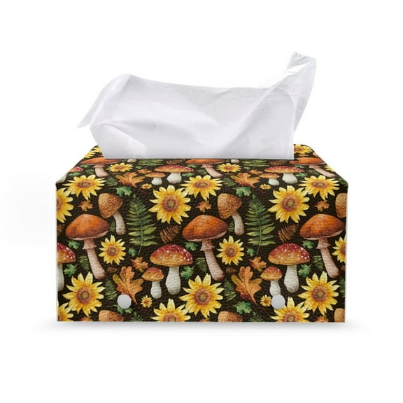 Psesaysky Waterproof Tissue Box Cover, Rectangle PU Leather Car Tissue Holder, Decorative Facial Paper Organizer Dispenser for Bathroom, Night Stands, Desk, 9.7"X5.2"X5.1" -Sunflower Mushroom