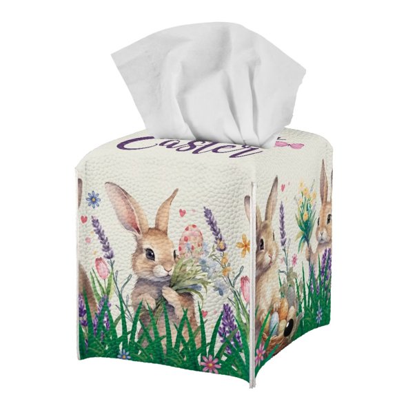 Psesaysky Waterproof Tissue Box Cover Square with Cute Bunny Flower Print, PU Leather Tissue Box Holders ,Facial Paper Organizer Dispenser for Bathroom, Car, Office, 5.1"X5.1"X5.5"