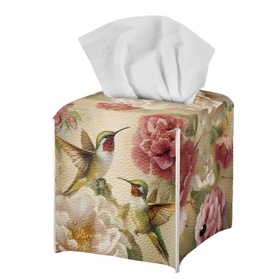 Psesaysky Waterproof Tissue Box Cover Square, Cute Hummingbird Peony Flower PU Leather Tissue Box Holders ,Facial Paper Organizer Dispenser for Bathroom, Car, Office