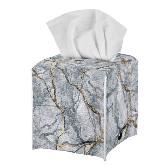 Psesaysky Waterproof Tissue Box Holder, Square PU Leather Tissue Box Cover, Grey Marble Decorative Facial Paper Organizer Dispenser for Bathroom, Night Stands, Desk, 5.1X5.1X5.5''