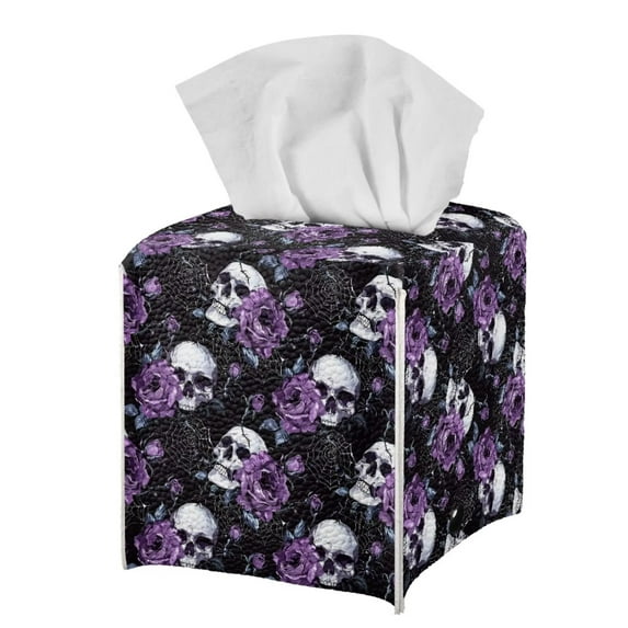 Psesaysky Waterproof Tissue Box Holder, Square PU Leather Tissue Box Cover, Purple Rose Skull Decorative Facial Paper Organizer Dispenser for Bathroom, Night Stands, Desk, 5.1X5.1X5.5''