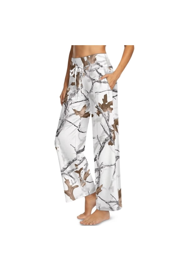 White Camo Hunting Print Womens Wide Leg Pants High Elastic Waist Adjustable Drawstring Yoga Pants Casual Flowy Trousers Business Work Pants with Pockets, Size 2XL