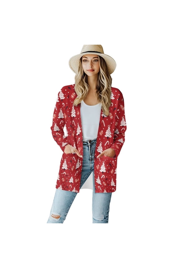 White Christmas Tree Women's Cardigan Casual Lightweight Long Sleeve Drape Open Front Loose Fall Cardigans Dusters Flowy Long Tops for Girls with Pockets