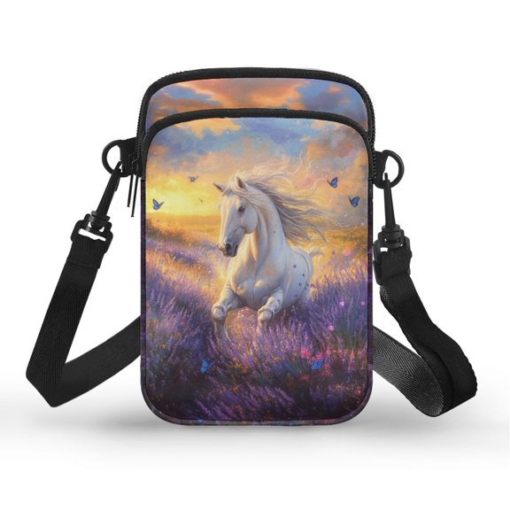 Psesaysky White Horse Lavender Phone Purse Wallet, Polyester Cell Phone Purse with Adjustable Shoulder Strap for Women Travel Hiking