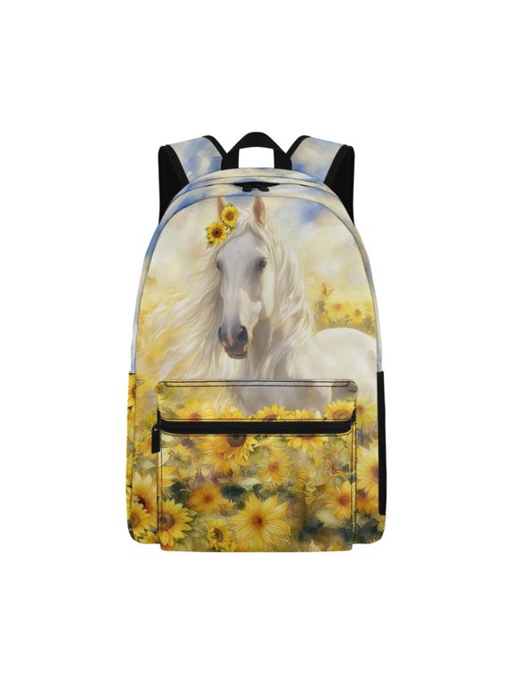 White Horse Sunflower School Bags Backpack for Teen Boys Girls Large Shoulder Bookbag with Adjustable Straps Back to School Gifts