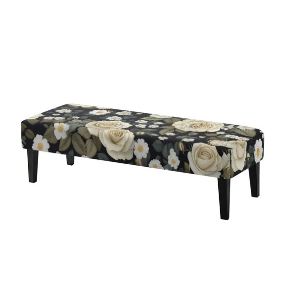 Psesaysky White Rose Print Dining Room Bench Covers Slipcover, Stretch Bench Seat Cover Washable Rectangular Chair Cover Protector for Bedrooms, Living Rooms, Kitchens, Removable