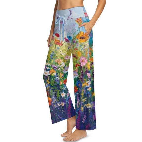 Psesaysky Wild Floral Art Print Womens Wide Leg Pants High Elastic Waist Adjustable Drawstring Yoga Pants Casual Flowy Trousers Business Work Pants with Pockets, Size S