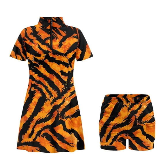 Psesaysky Wild Tiger Stripe Tennis Dress with Separate Shorts for Womens 2 Piece Workout Outfits Zip Up Short Sleeve Collared Golf Tennis Dress Athletic Skirt Golf Outfit