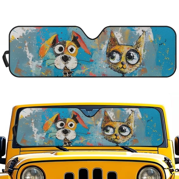 Psesaysky Windshield Sun Shade, Cartoon Puppy&Cat Front Window Sunshade Car Accessories Universal Fit Off-road Vehicle Truck Sun Visor Protector, Keep Car Cool